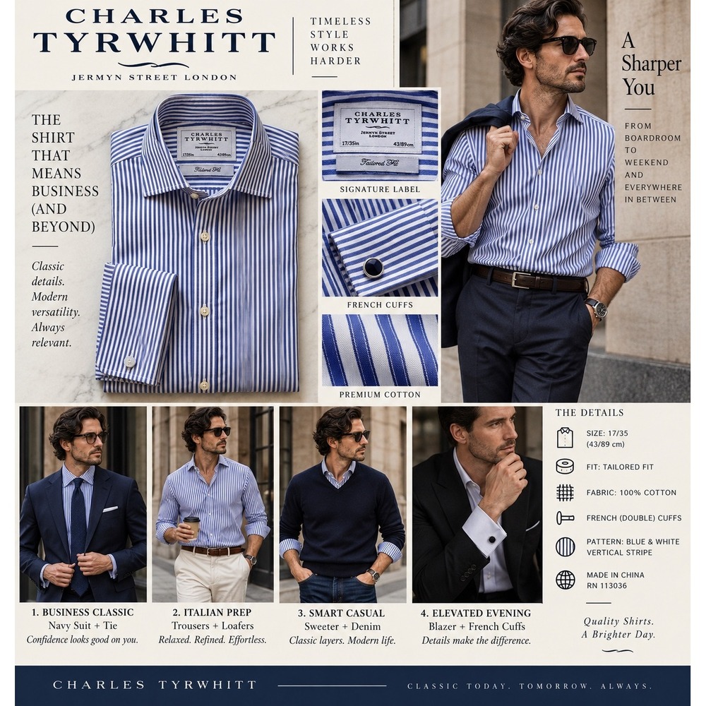 Charles Tyrwhitt Mens 17/35 Tailored Fit Blue Stripe French Cuff Dress Shirt